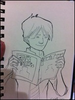 Sketch of Hunter from Morning Glories reading Emitown 